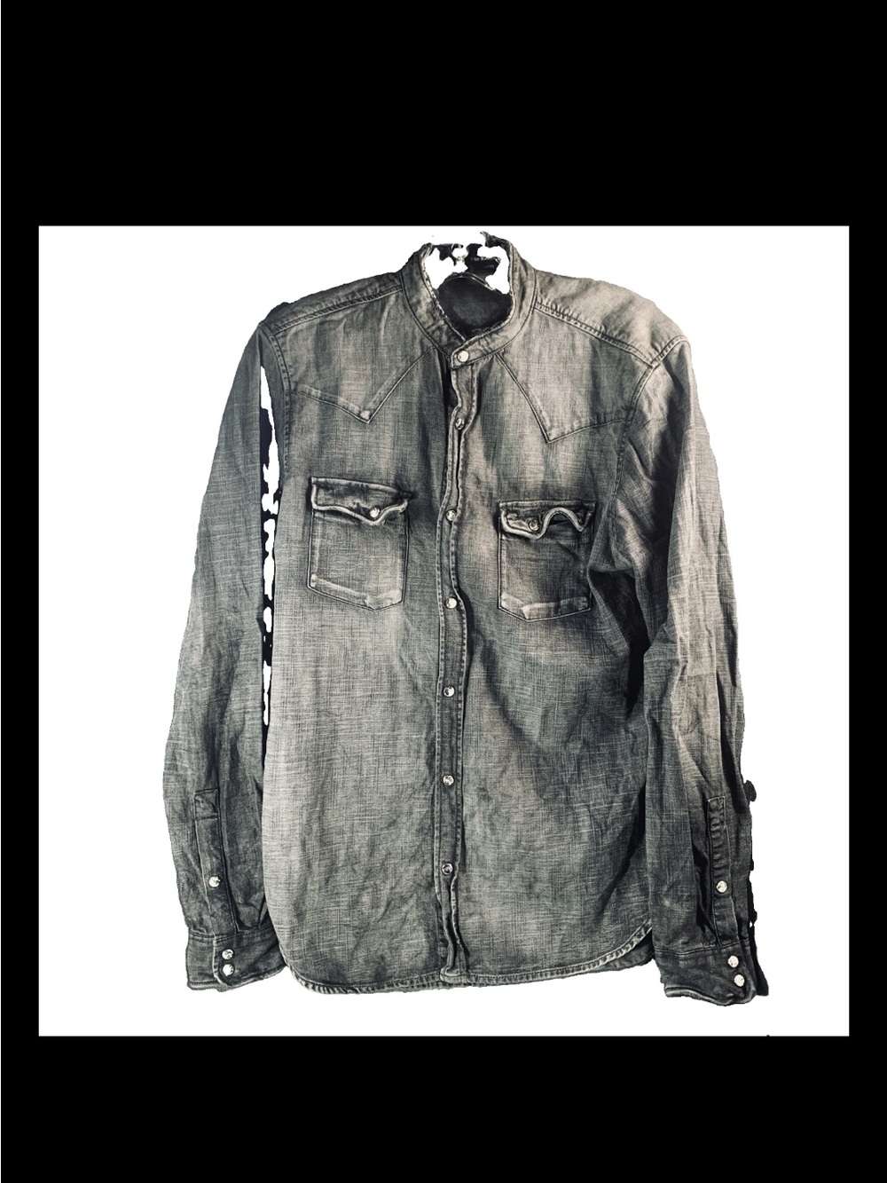 The Kooples Jeans Distressed Denim Fitted Faded Black Men Pearl Snap Shirt Sz M